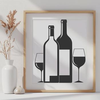 A detailed illustration of a bottle of wine placed on a table with a glass next to it.