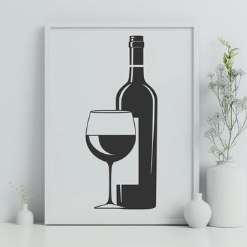 A simple illustration of a glass filled with red wine next to an open bottle on a wooden table.