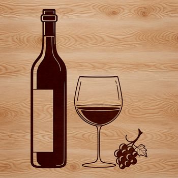 A wine bottle with a glass in the foreground, set against a simple white background.