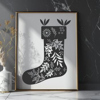 A digital design of a Christmas stocking with a floral pattern.