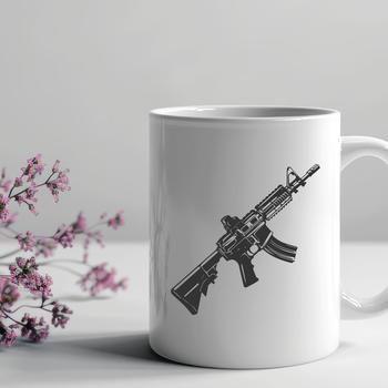 A detailed illustration of an assault-style rifle with a focus on its ergonomic design and military features.