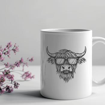 An illustration of a Highland cow's head with glasses on.