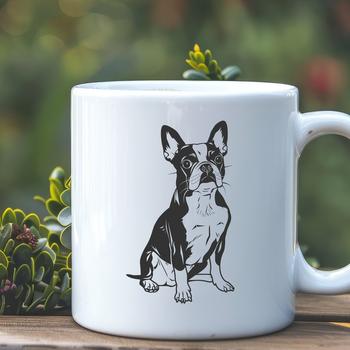 A full-body illustration of a sitting Boston Terrier, suitable for use as clip art in vector graphics.
