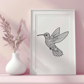 A colorful, detailed illustration of a hummingbird in mid-flight.
