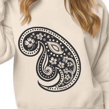 A stylized, ornate paisley design featuring floral patterns.