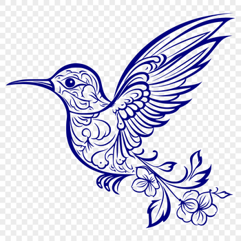A colorful hummingbird in mid-air, its full body adorned with intricate floral patterns.