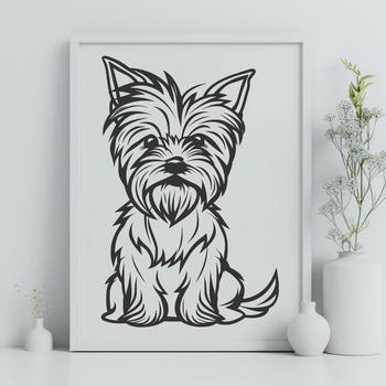 A small breed dog with a distinctive coat pattern sitting upright.