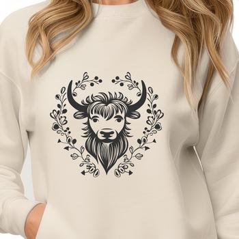 A vector illustration of a Highland Cow's head featuring intricate floral patterns.