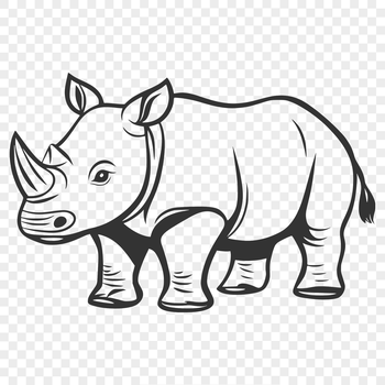 A large gray rhino standing in a savannah landscape.