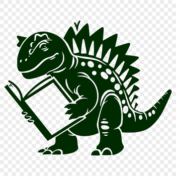 A prehistoric dino in full body stance, surrounded by books and educational materials.