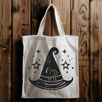 Witch silhouette in a pointed hat on a Halloween background