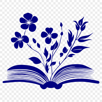 An illustration of a single open book with floral patterns on the cover.
