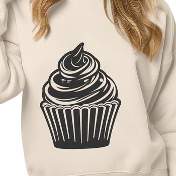 A digital illustration of a single cupcake with frosting and decorations.