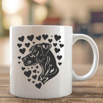 A large dog breed, the Great Dane, depicted in a stylized illustration with heart shapes.