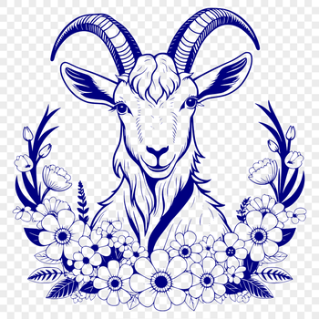 A stylized illustration of a goat in a garden setting amidst flowers.