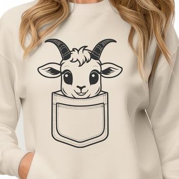 A cartoon goat peeking over a fence post on a rural farm landscape.