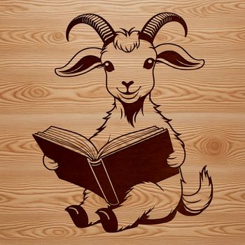 Goat sitting next to an open book, illustrating a farm animal reading.