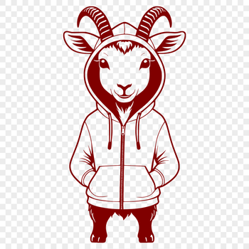 A white goat wearing a hoody standing on a green hillside.