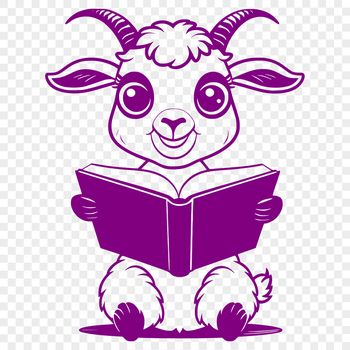 A stylized illustration of a farm animal reading a book in a whimsical setting.