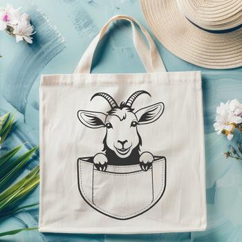 A simple illustration of a goat peeking over a fence on a farm.