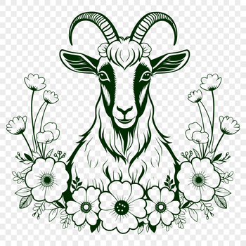 A vector illustration of a goat in a floral setting.
