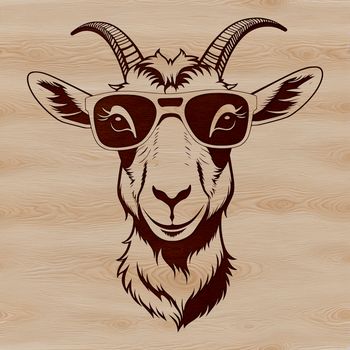 A cartoon goat wearing trendy sunglasses on a sunny farm background.