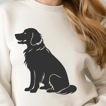 A vector graphic design featuring a golden retriever in a seated position.