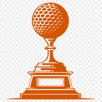 A 3D illustration of a gold trophy with golf club handles, suitable for graphic design projects.