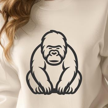 A simple line drawing of a gorilla sitting in a relaxed pose.