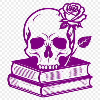 A stylized illustration of a skull in a gothic style with ornate details.