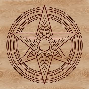 A detailed illustration of a pentagram surrounded by mystical symbols, perfect for witchcraft enthusiasts.