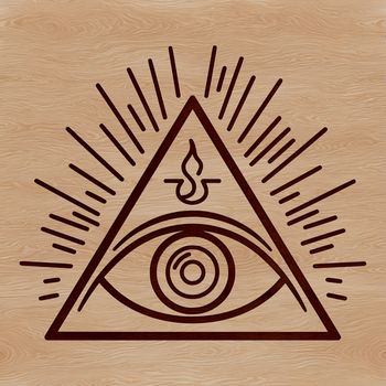 A minimalist illustration featuring a gothic-inspired design with the Eye of Providence symbol in the center.