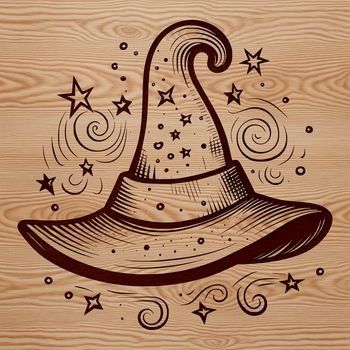 A woman dressed in ornate witch attire, complete with a pointed hat and intricate details, surrounded by symbols of magic.