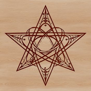 A stylized illustration of a witch's altar featuring a pentagram symbol surrounded by mystical elements.