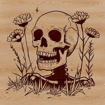A witch amidst a floral wreath surrounded by occult symbols and a skull.