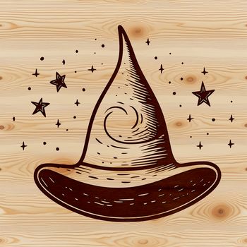 Illustrated witch with pointed hat and broomstick in a gothic atmosphere, perfect for Halloween decorations.