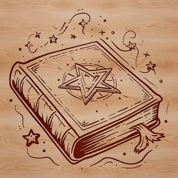 A mystical illustration of a spell book bound in leather with candles and strange symbols etched into the cover.