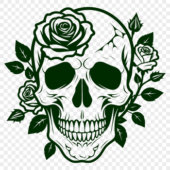 A stylized skull surrounded by a floral wreath, designed as a vector graphic.