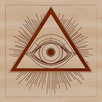 A stylized illustration featuring an ornate eye surrounded by mystical symbols, inspired by witchcraft and horror themes.