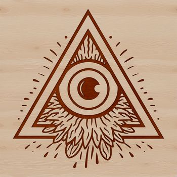 A witch casting a spell surrounded by mystical symbols and a glowing eye.