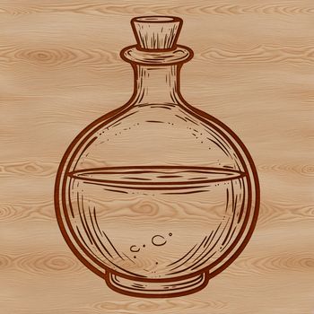 A dark-inked illustration of a witch's potion bottle with mystical symbols and decorations, representing magical practices.