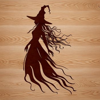 A black silhouette of a witch against a moonlit night sky, surrounded by mystical symbols and stars.