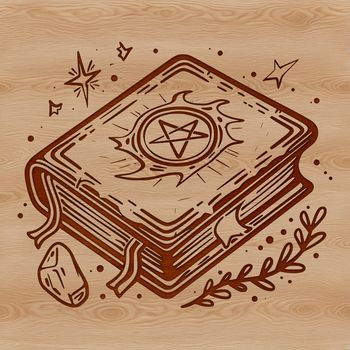 A gothic-inspired illustration of a witch surrounded by mystical symbols and spell books.