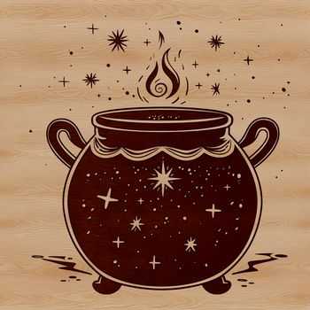 A witch's cauldron surrounded by mysterious herbs and potions in a dark, gothic setting.