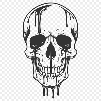 A graphic representation of a skull with dripping effect in a dark, Halloween-inspired design format.