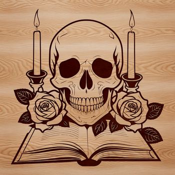 A detailed illustration of a skull surrounded by a candle, book, and rose, created as an editable vector graphic.