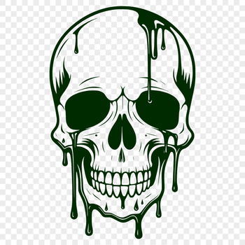 A skull with drips and drops of liquid surrounding it in a gothic-inspired design.