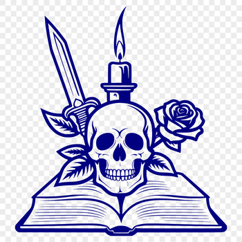 Illustrative Gothic-style skull design with intricate details and a dagger in the mouth.