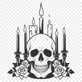 Gothic-inspired skull design with intricate details and a single candle flame burning beside it.