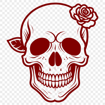 A detailed illustration of a skull with floral elements in a dark, Gothic style.